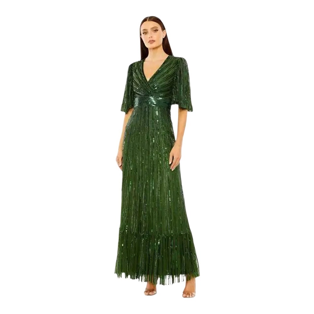 Mac‎ Duggal Women Long Flutter Sleeve Deep V Ruffle Hem Sequin Gown Green Size 6